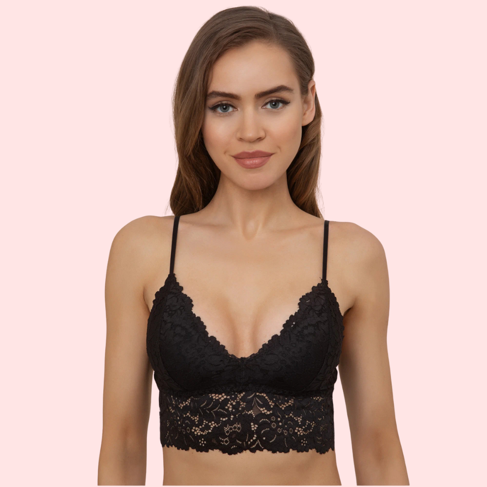 KozyKlicks PK2 elegant black lace bralette top featuring floral longline lace design and flattering deep neckline.
