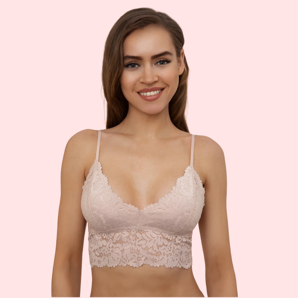 KozyKlicks PK2 elegant light pink lace bralette top with soft floral detailing, adjustable straps and a comfortable longline fit.
