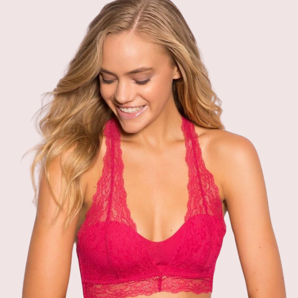 KozyKlicks sultry dark pink lace bralette for everyday glam, featuring a deep V-plunge neckline and soft scalloped lace details.