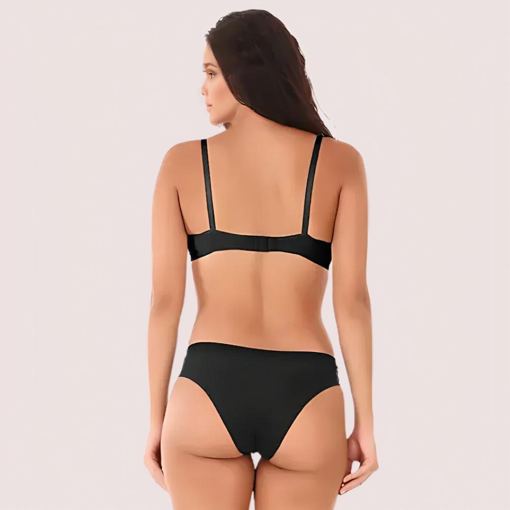 KozyKlicks French Daina Black Beauty Essentials Combo – back view of black bra and panty set showing adjustable straps and smooth fit
