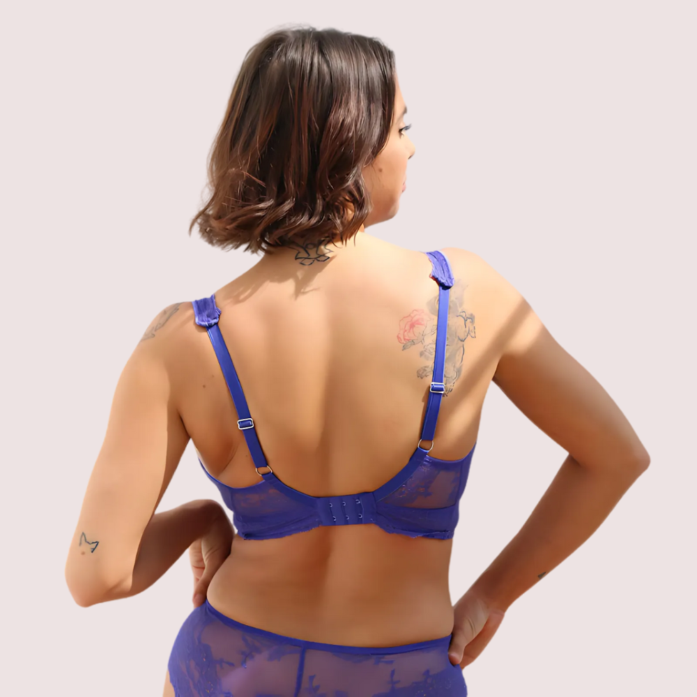 Luxury French Lace Bralette Gift Set – French Daina Collection in royal blue, back view showing adjustable straps, sheer lace band, and secure hook closure. Elegant and comfortable women’s bralette by KozyKlicks.

