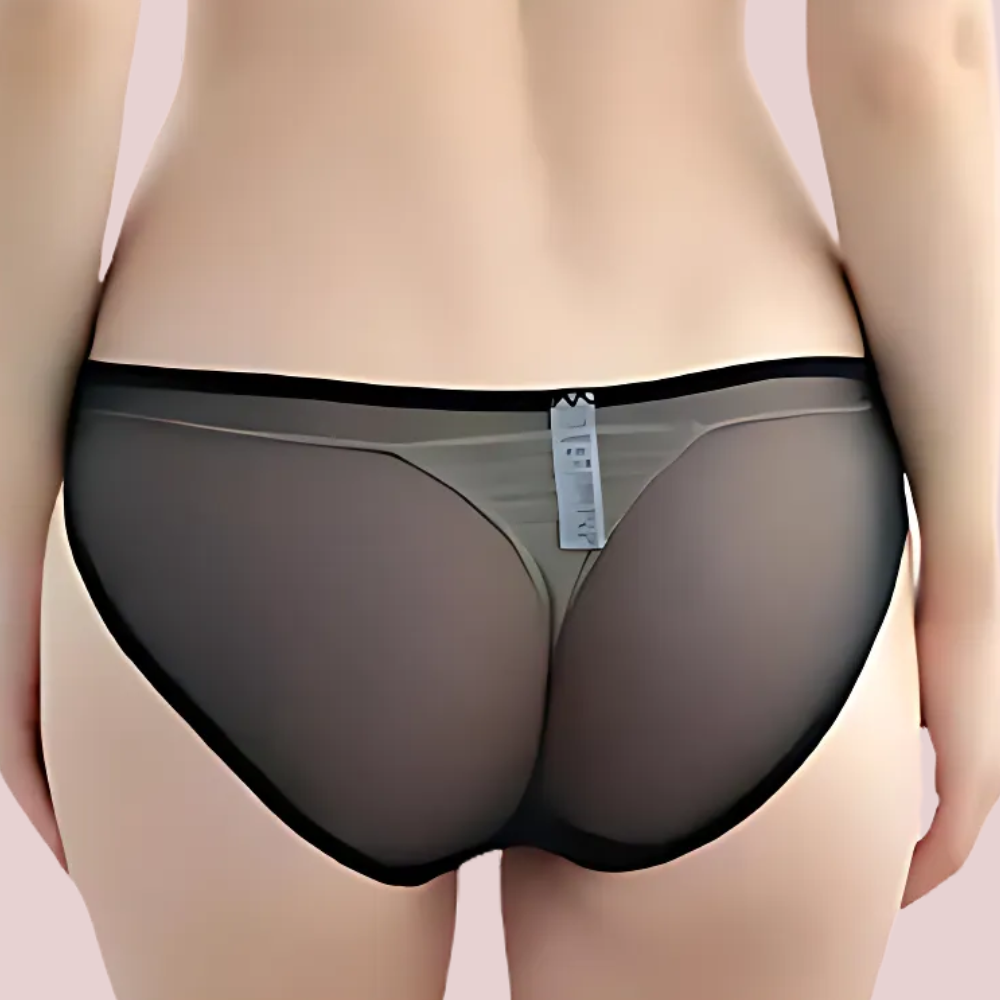 Sheer Seduction Bralette Set – close-up back view of sheer mesh bikini panty with soft waistband and breathable design. Stylish and sensual lingerie bottom by KozyKlicks.
