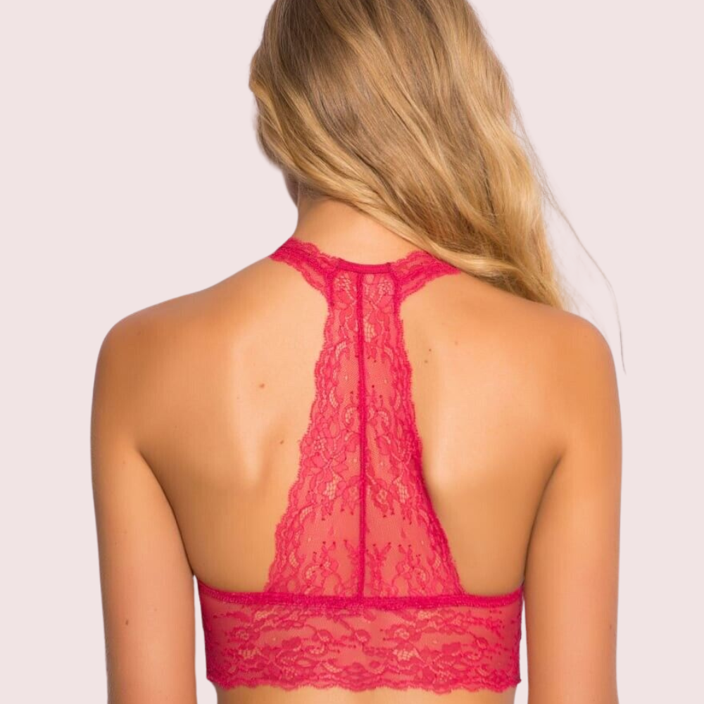 Back view of dark pink lace bralette showing racerback lace pattern and comfortable wide underband fit.
