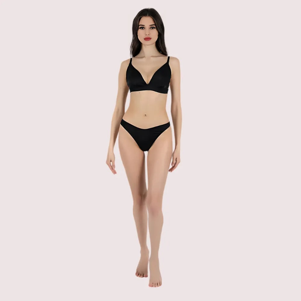 Silk Caress women’s lingerie set in classic black, featuring soft silk bra and matching bikini panty, front view.