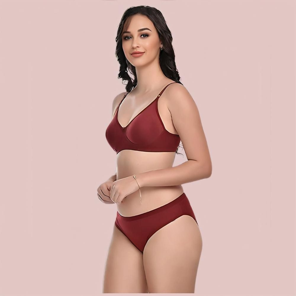 KozyKlicks Comfort Bliss 2-pack burgundy lightly padded bra and panty set side view – comfortable seamless daily wear lingerie
