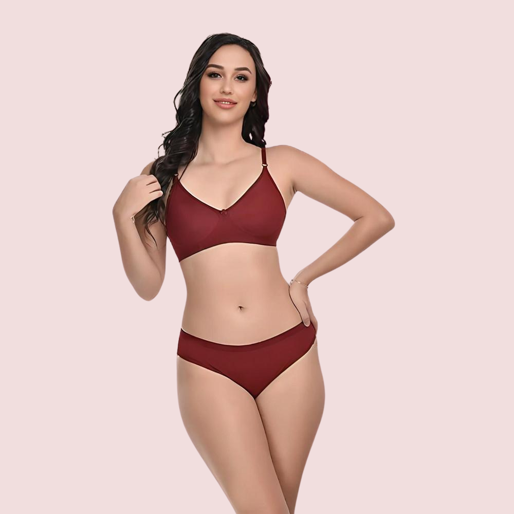 KozyKlicks Comfort Bliss burgundy lightly padded bra and panty set front view for women – soft everyday lingerie 2-pack
