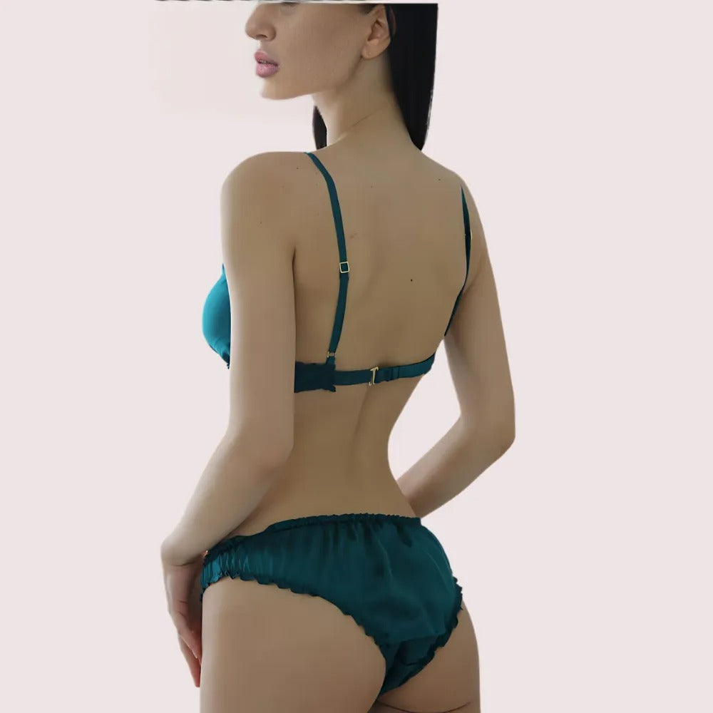 Back view of KozyKlicks pure silk lingerie set for women, featuring adjustable straps and ruffled silk panty for a refined look.