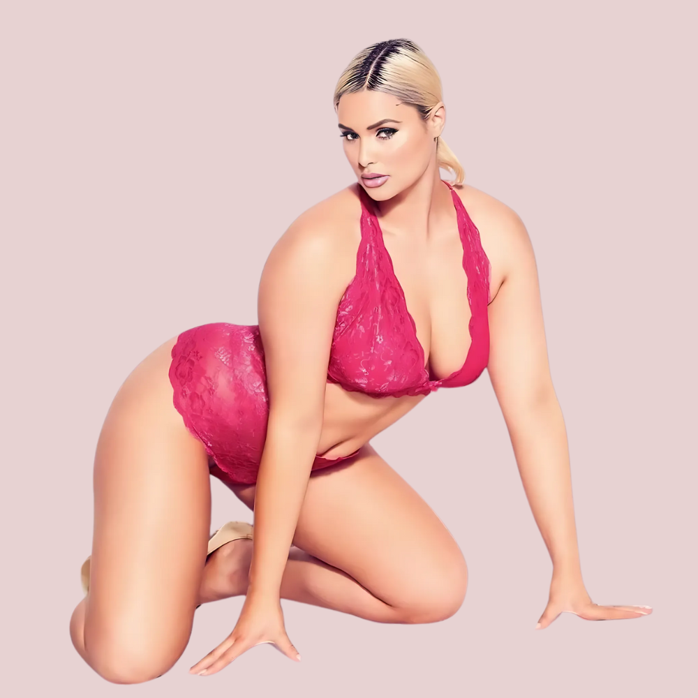 Regal Charm Plus Size Bralette Set in Pink – Floral Lace Bralette and Matching High-Waist Panty for Full-Figured Women
