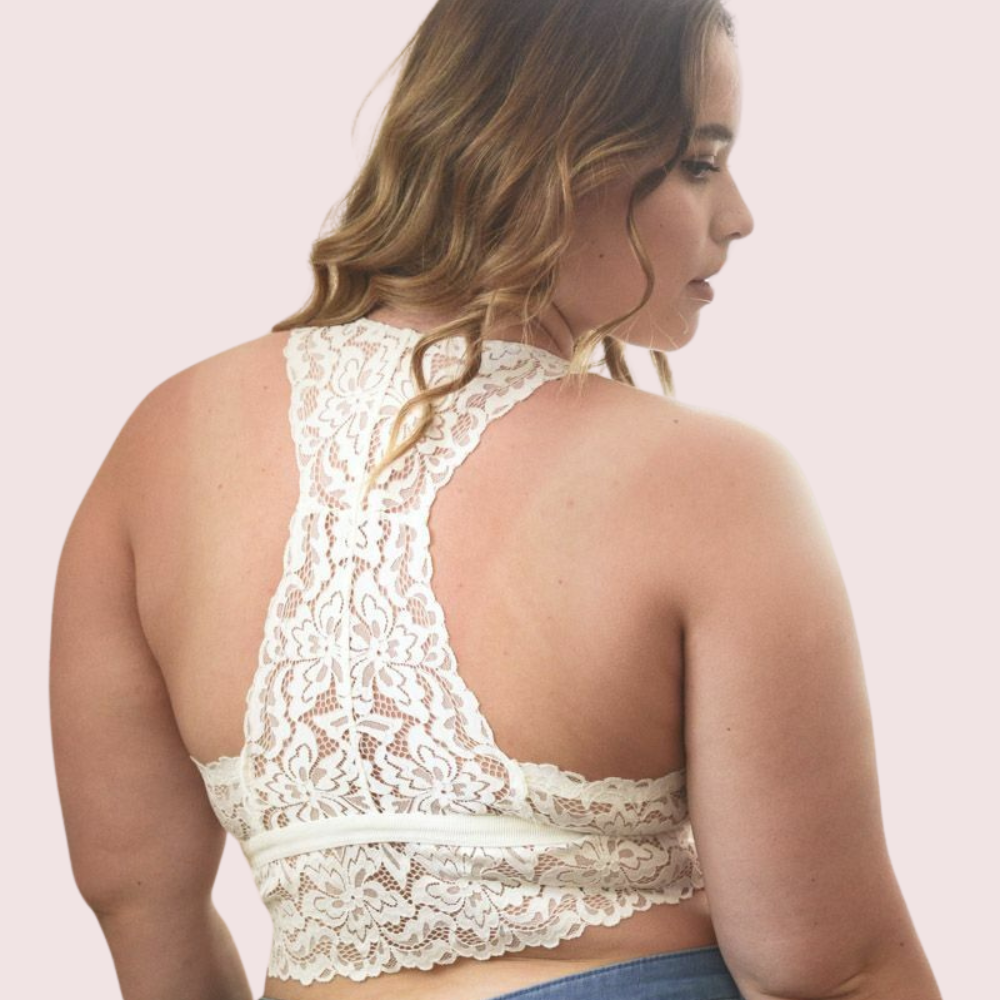 Plus size white lace racerback bralette with floral pattern, KozyKlicks elegant intimate wear.