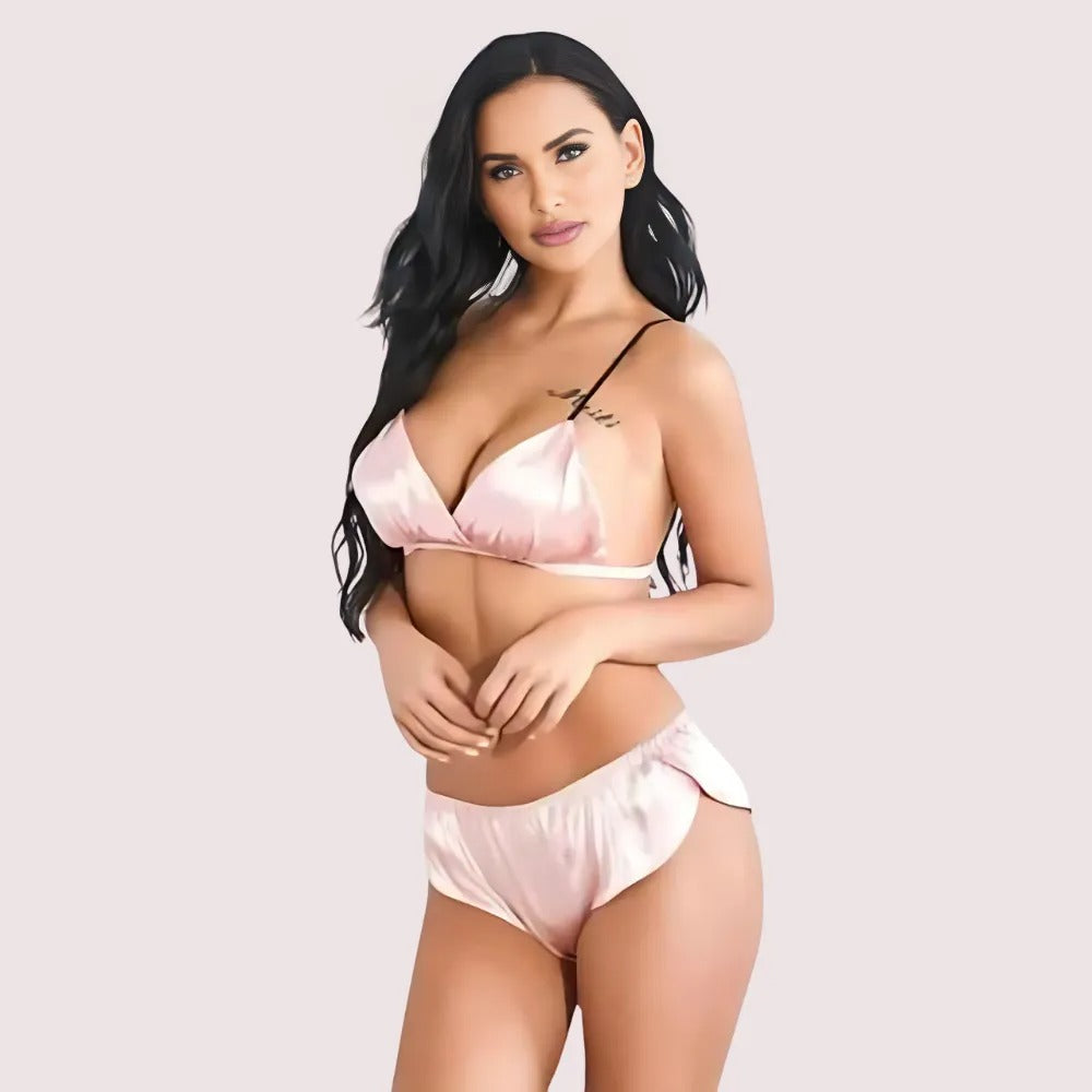 Side angle view of a woman wearing a pure silk bra set for women, showcasing smooth satin texture and comfortable fit.