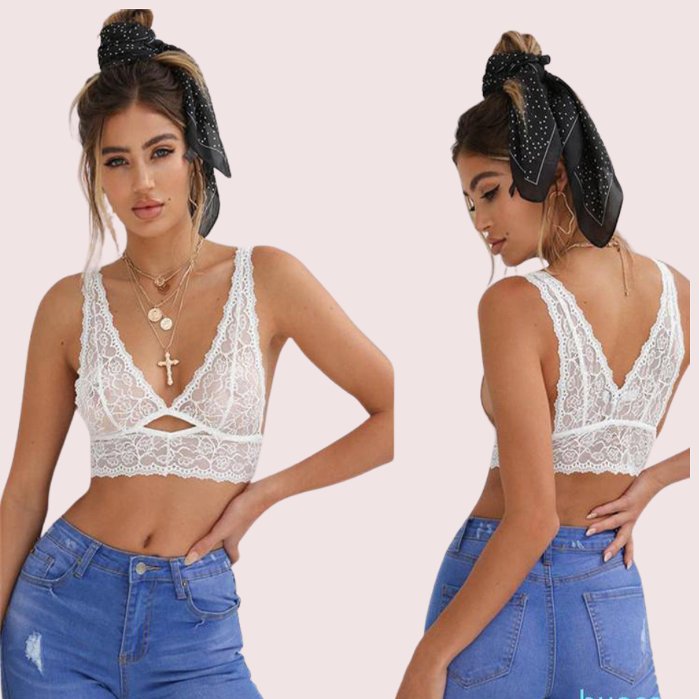 Full-figure white lace bralette with deep V-neck cut, scalloped lace detailing, and wide shoulder straps for soft support.