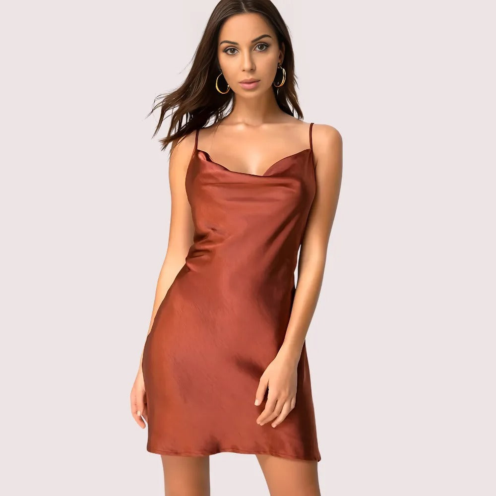 Elegant  Dark Rust Satin Slip Dress Snazzyway