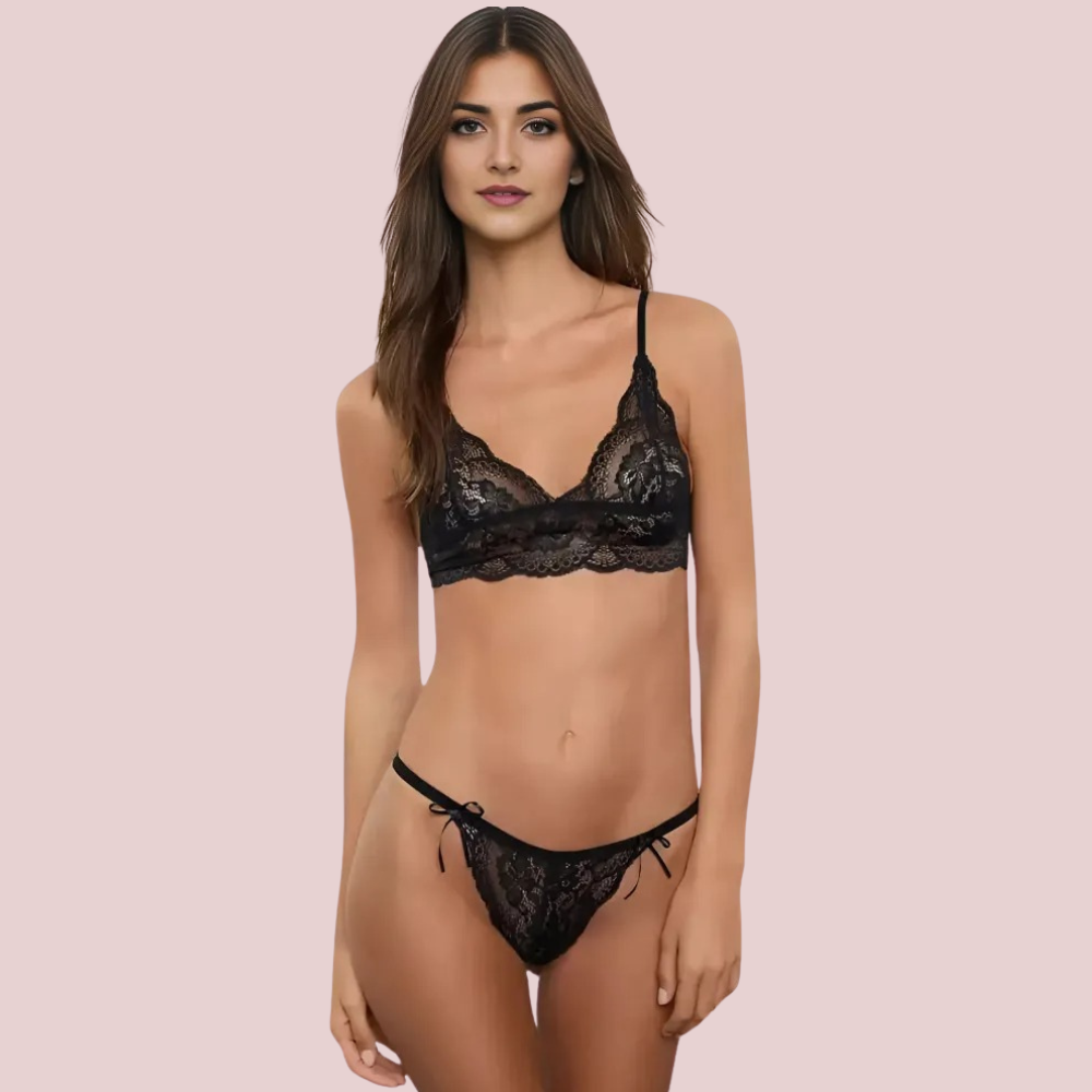 Bliss Veil Bralette & Brazilian – black lace bralette with scalloped edges paired with matching Brazilian panty. Elegant floral lace lingerie set for women by KozyKlicks.
