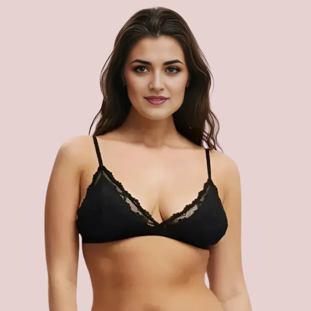 Curve Hug Intimate Set – close-up front view of black lace bralette with delicate trim and soft wireless support. Elegant everyday lingerie by KozyKlicks.

