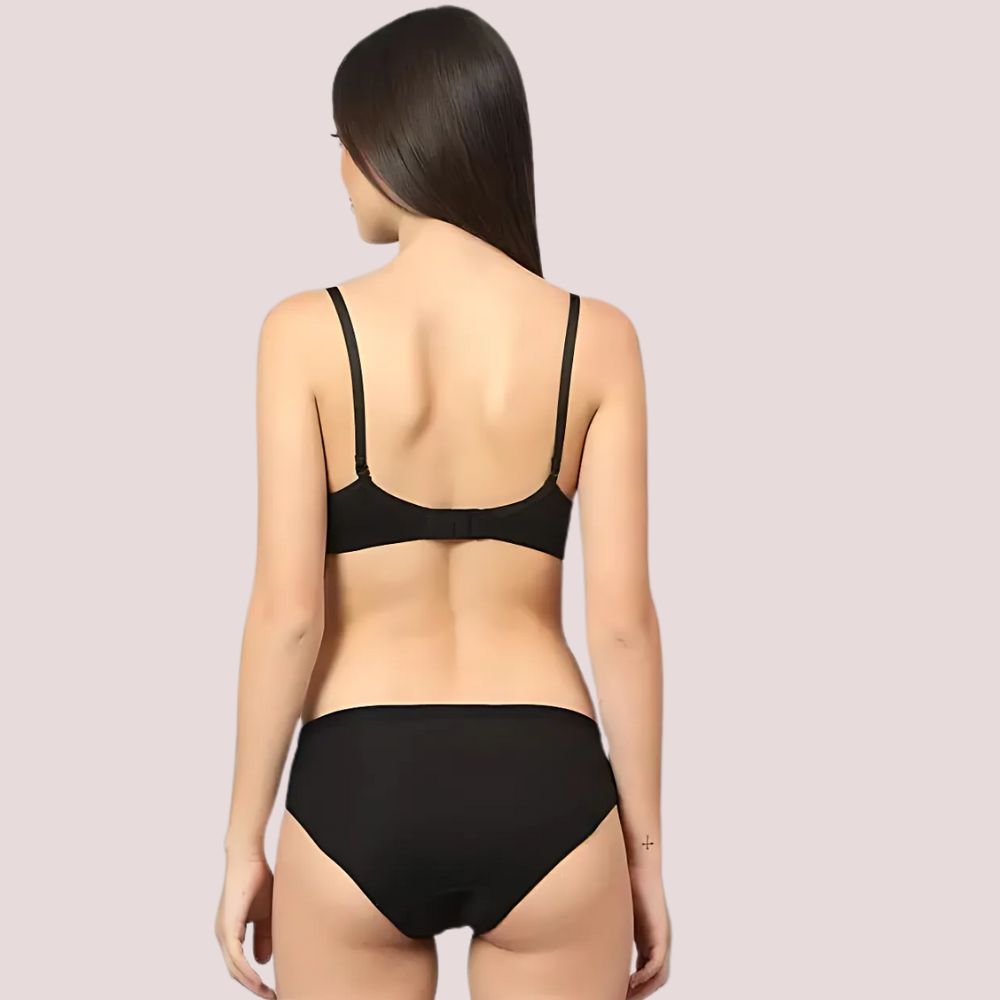 Cherry Hug black cotton bra and panty set back view – lightweight stretch cotton lingerie for women by KozyKlicks
