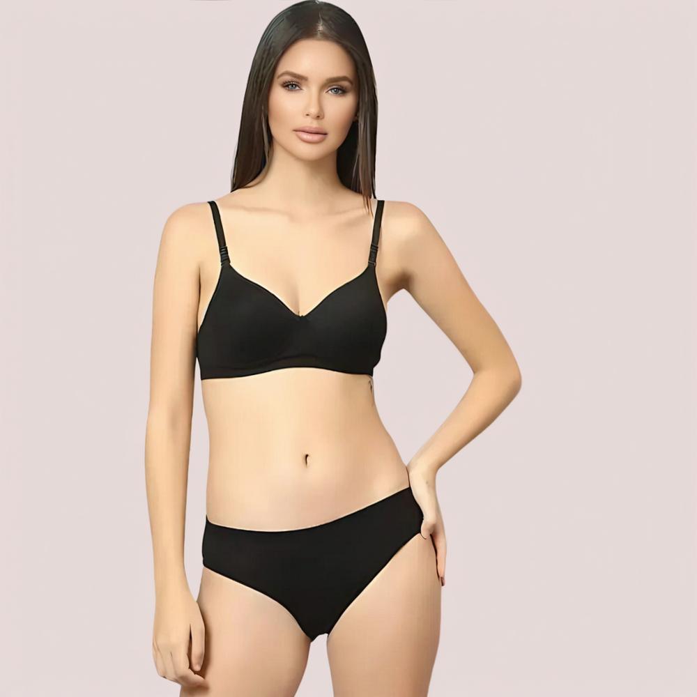 Cherry Hug black cotton bra and panty set front view on model – soft breathable everyday lingerie by KozyKlicks
