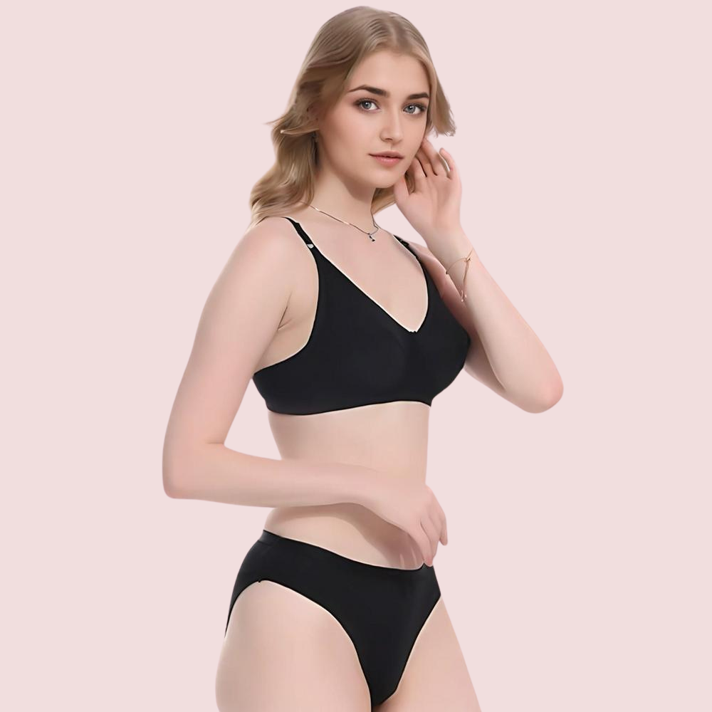 KozyKlicks Comfort Bliss black lightly padded bra and panty set side view – soft stretch women’s lingerie combo
