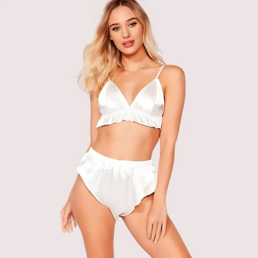 Stylish pure silk bra and panty set for women in elegant white, front view.
