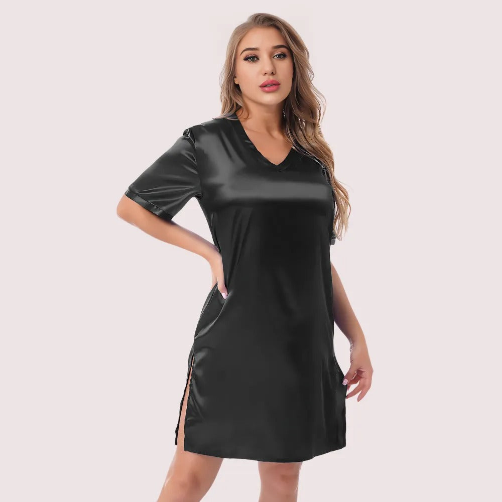 Silk satin sexy black short sleepwear Snazzyway
