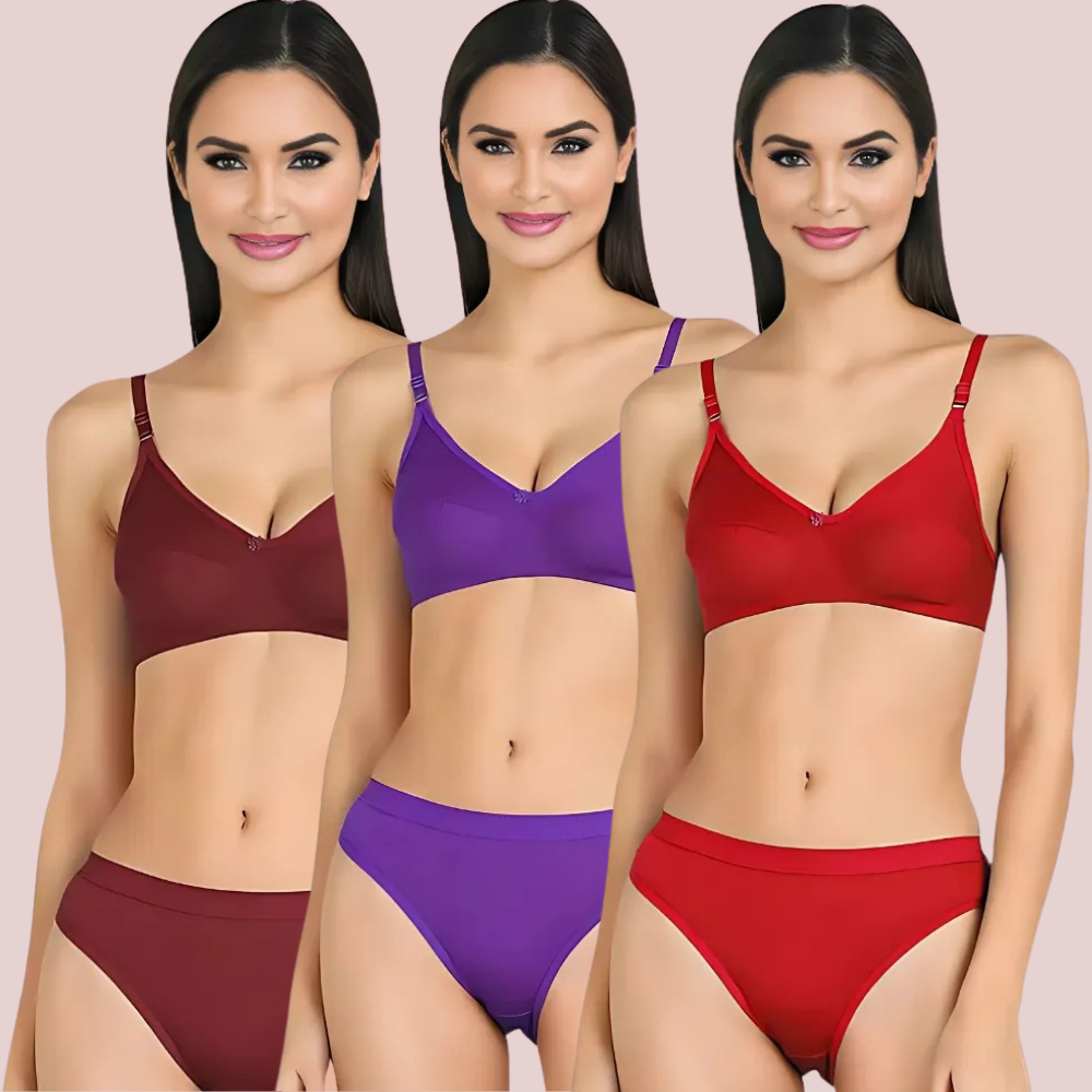KozyKlicks Cotton Cloud Comfort Bra Set 3-Pack in maroon, purple and red – soft cotton seamless lingerie for women
