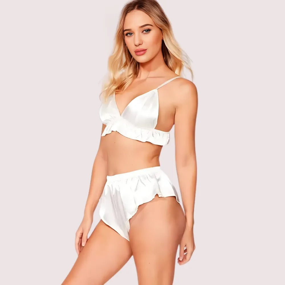 Soft white pure silk lingerie set for modern women, side angle showing smooth satin texture.