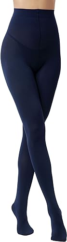 Alt text: Women's navy blue opaque tights side view crossed legs – seamless high-waist opaque stockings – KozyKlicks
