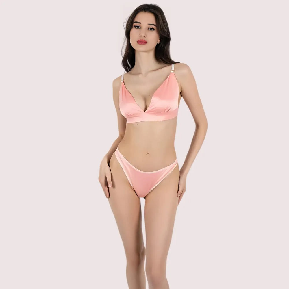 KozyKlicks lightweight pure silk bra and panty set for women in soft peach pink, front view showcasing smooth and comfortable fit.