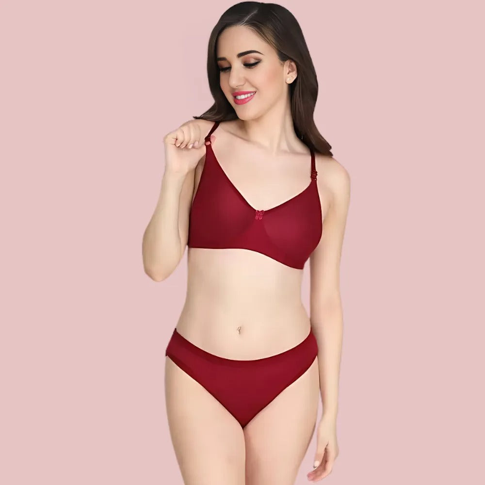 Soft Ease Cotton Comfort – Bra & Panty Set (2-Pack) in red, front view displaying soft cotton wireless bra with matching comfortable panty. Premium everyday comfort lingerie from KozyKlicks.
