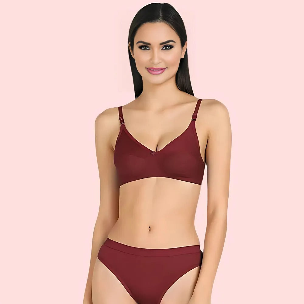 KozyKlicks Cotton Cloud Comfort Bra and Panty Set in maroon – breathable cotton lingerie for everyday comfort
