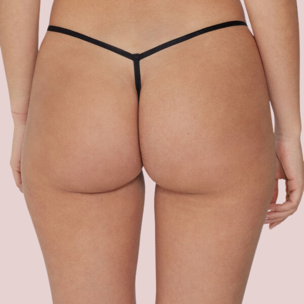 Back view of KozyKlicks Velvet Veil Intimate G-String – minimal strap design in black lace lingerie
