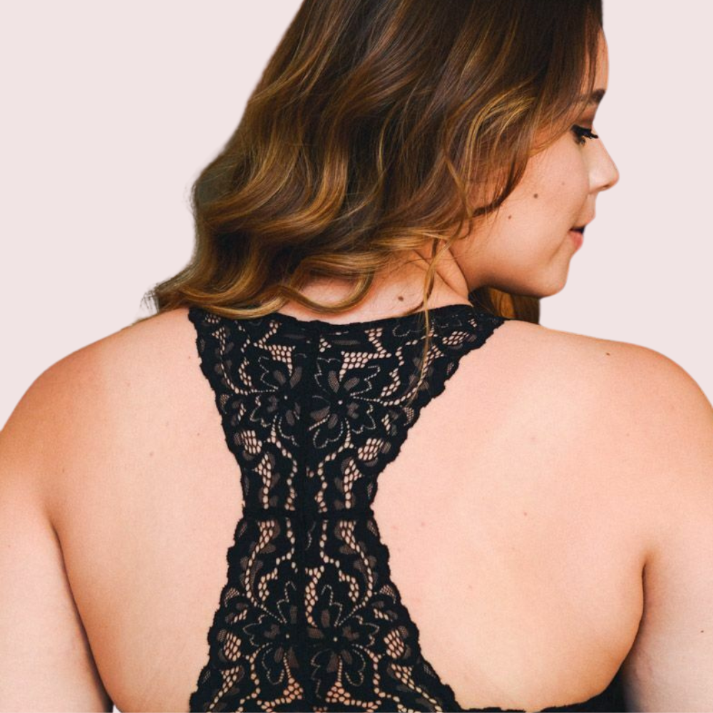 Back view of KozyKlicks black lace racerback bralette, showing intricate floral lace pattern and racerback detailing.