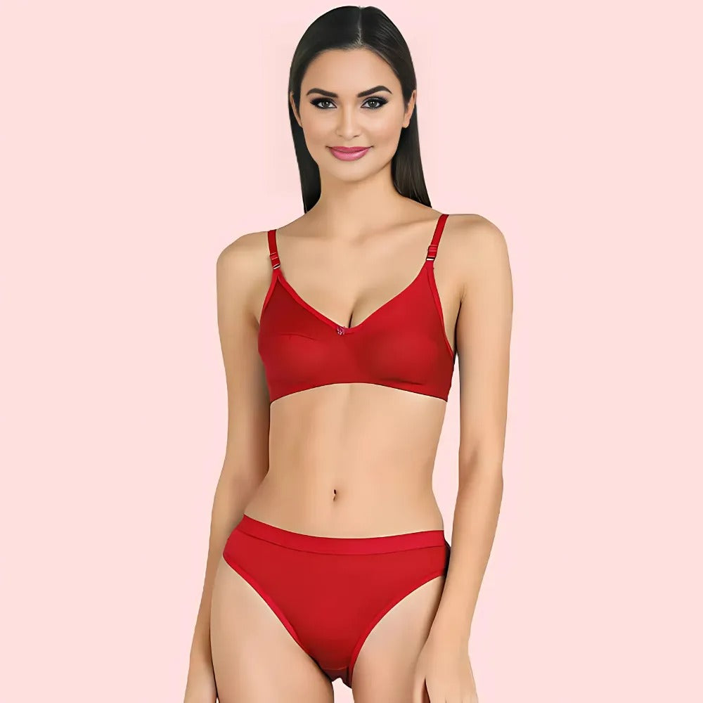 KozyKlicks Cotton Cloud Comfort Bra and Panty Set in red – soft cotton seamless bra set for women
