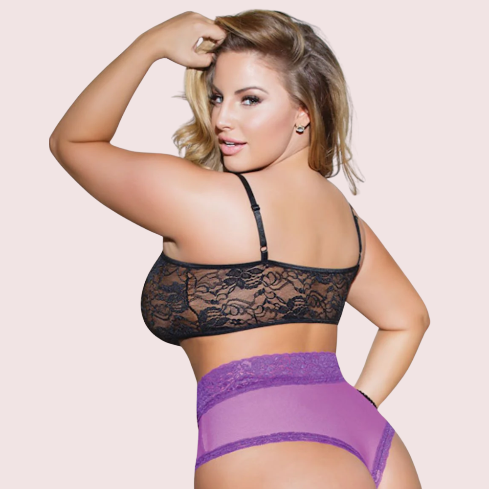 Back view of plus size black lace bralette showing supportive fit and floral lace detail – KozyKlicks intimate wear.