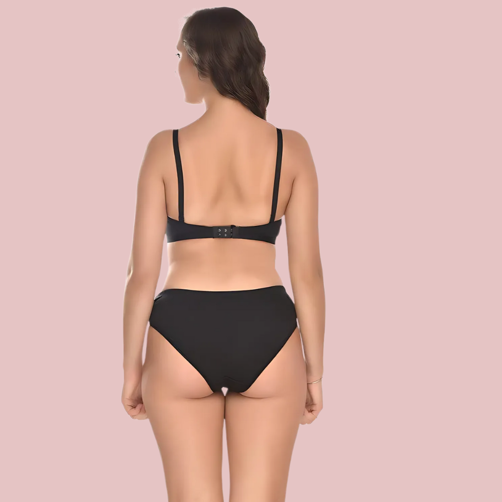 Soft Ease Cotton Comfort – Bra & Panty Set (2-Pack) black color, back view showing adjustable strap cotton bra and smooth mid-rise panty. Soft and breathable everyday lingerie by KozyKlicks.
