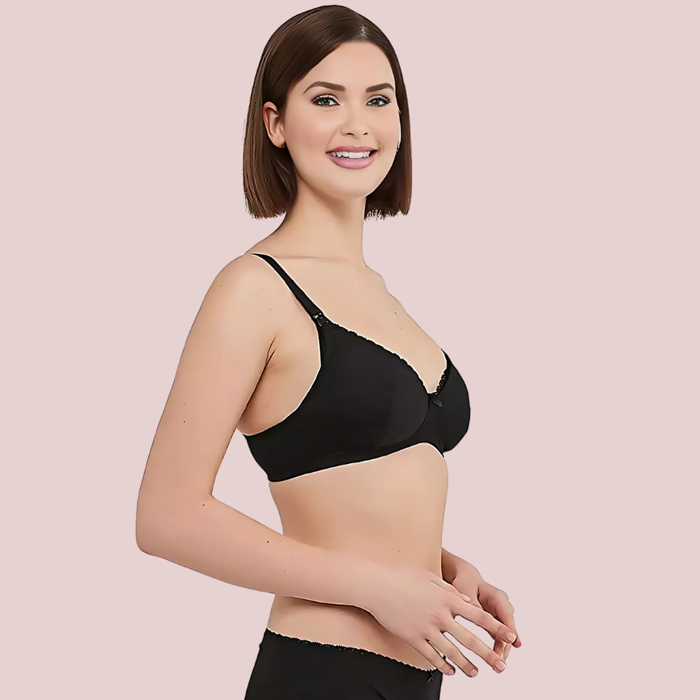 Cozy Curve Cotton Set black variant, close-up side view showing soft cotton wireless bra with adjustable straps for all-day comfort. Lightweight daily wear bra by KozyKlicks.
