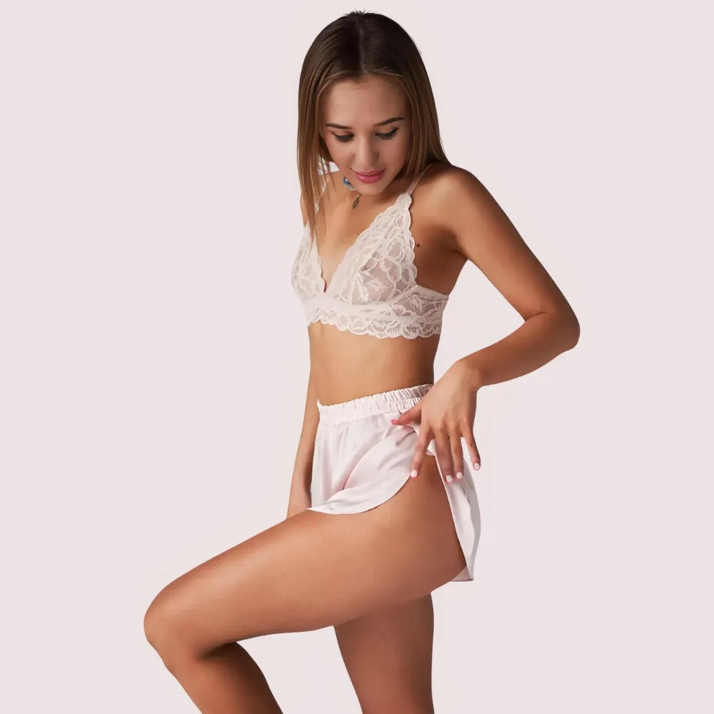 KozyKlicks timeless pure silk bra and shorts set for women in soft ivory, featuring delicate lace bralette and relaxed silk shorts, front pose