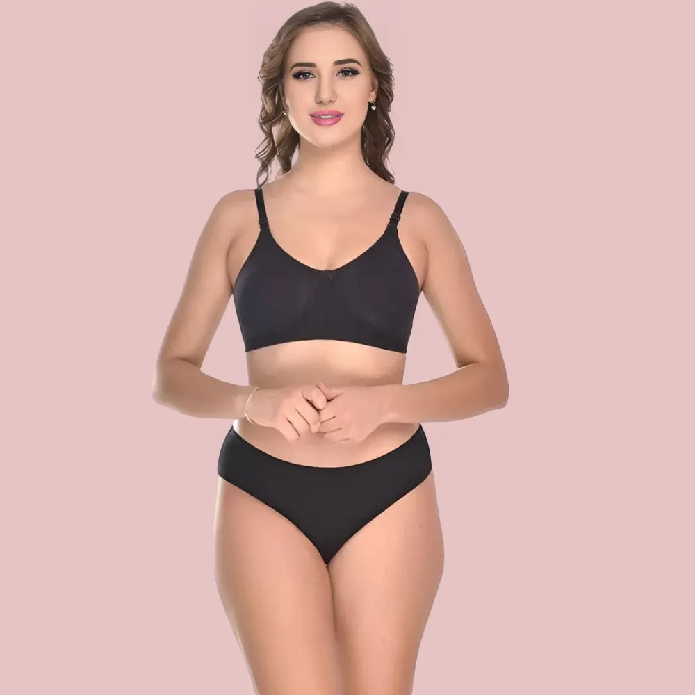 Soft Ease Cotton Comfort – Bra & Panty Set (2-Pack) in black, front view showing breathable wireless cotton bra and matching mid-rise panty. Everyday comfort lingerie set by KozyKlicks.
