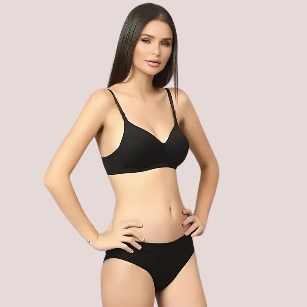 Cherry Hug black cotton bra and panty set side view on model – comfortable non-wired daily wear lingerie KozyKlicks
