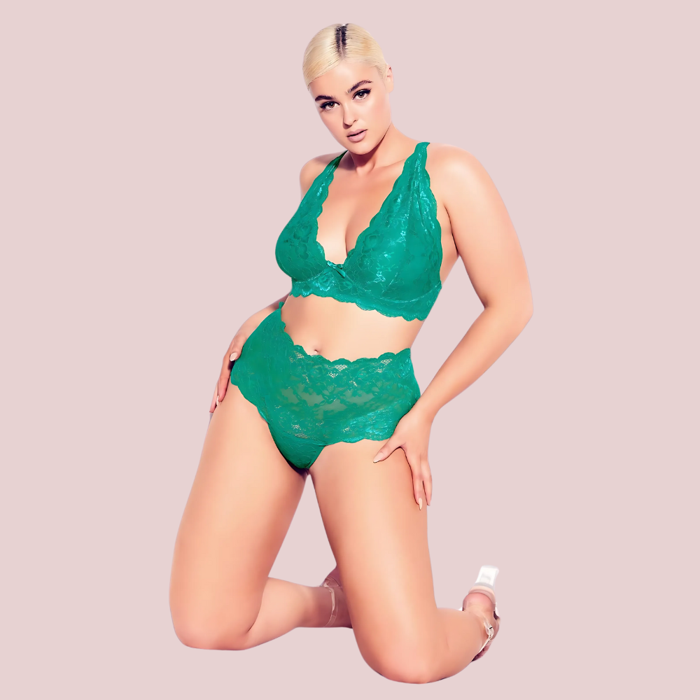 Regal Charm Plus Size Bralette Set in Green – Lace High-Waist Panty and Plunge Bralette for Curvy Women | KozyKlicks Lingerie
