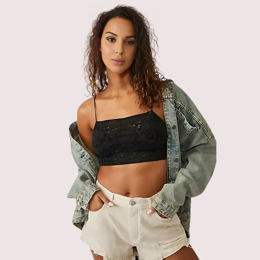 KozyKlicks French-Inspired Daina black lace bralette set styled with denim jacket – elegant floral lace bralette for everyday comfort and chic layering.