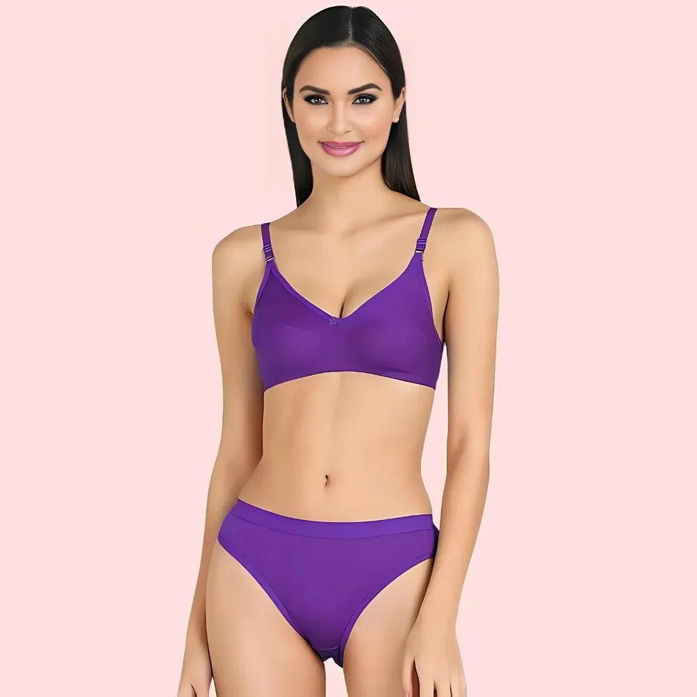 KozyKlicks Cotton Cloud Comfort Bra and Panty Set in purple – ultra-soft cotton seamless lingerie for women

