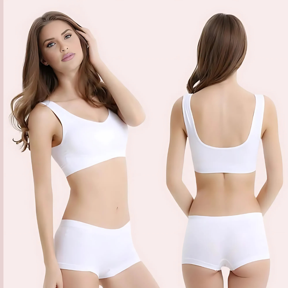 KozyKlicks Motion Mate Sports Bra & Boyshort Set front and back view – white seamless sports bra and boyshorts for women, comfortable stretch active lingerie set
