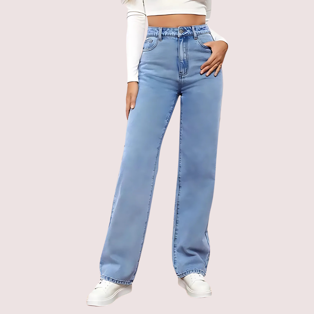 Women's Fashionable Washed High Waist Straight Jeans