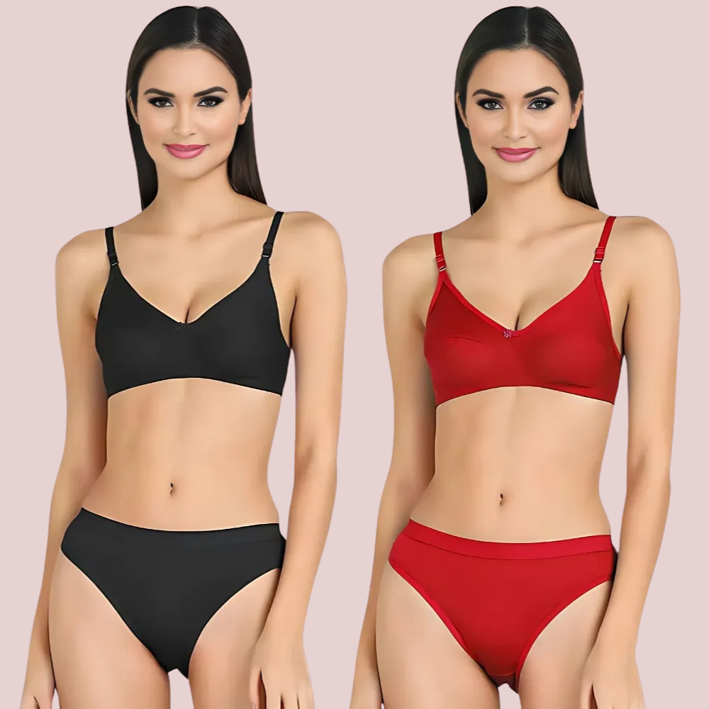 Cotton Cloud Comfort Bra Set 2-Pack for Women in Black and Red – Seamless Everyday Comfort Lingerie by KozyKlicks
