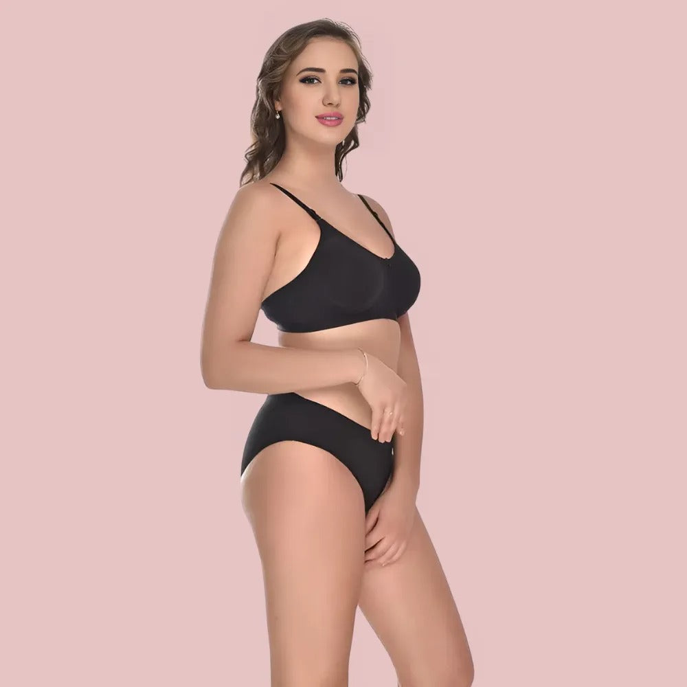 Soft Ease Cotton Comfort – Bra & Panty Set (2-Pack) black variant, side view featuring soft cotton wireless bra and smooth-fit panty. Lightweight and comfortable daily wear by KozyKlicks.
