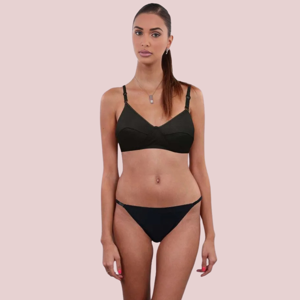 Soft Kiss Bra & Thong Duo in black for women – front view seamless comfort bra with matching minimal thong by KozyKlicks

