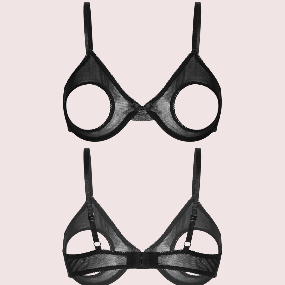 KozyKlicks Daring Sheer Open Cup Bralette in black, featuring circular open cup cutouts and adjustable straps.