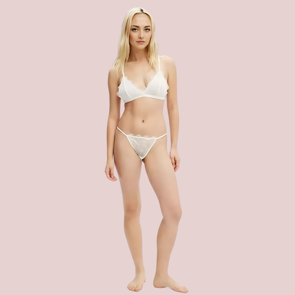 Ivory Whisper Intimate Set – white lace bralette and matching thong for women | KozyKlicks premium lingerie
