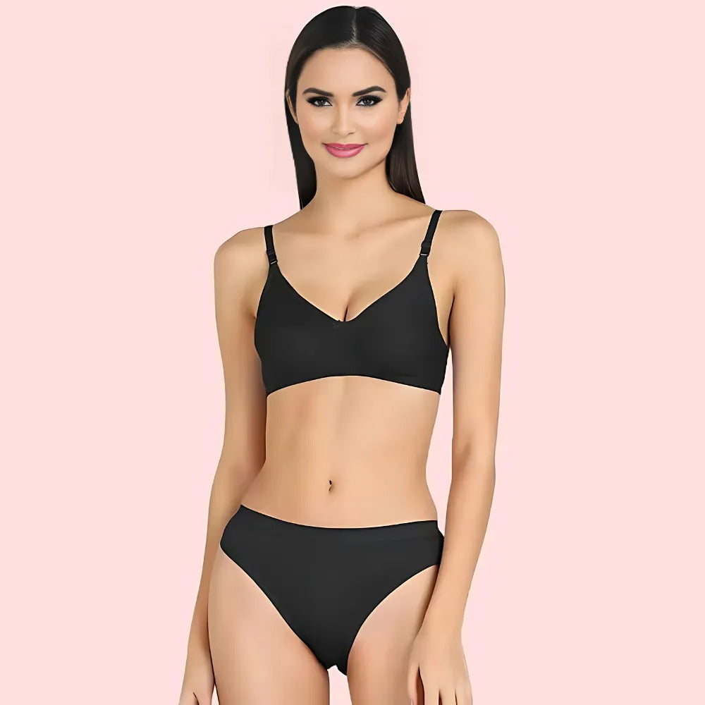 Black Cotton Cloud Comfort Seamless Bra and Panty Set for Women – Comfortable Breathable Daily Lingerie by KozyKlicks
