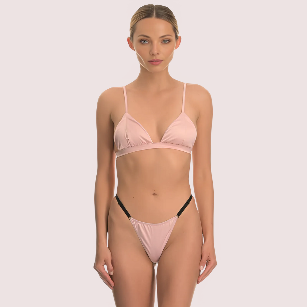 Blush pink satin triangle bra and thong lingerie set for women with adjustable straps – KozyKlicks